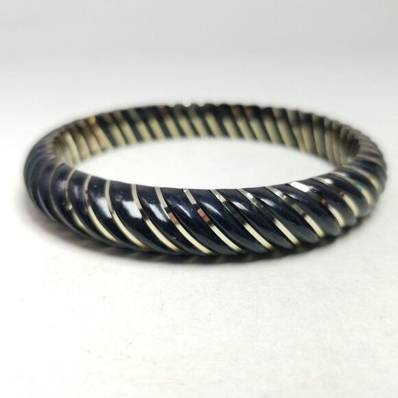 Vintage Black and Gold Tone Spiral Design Bangle Bracelet, Stacking Estate - Picture 2 of 6